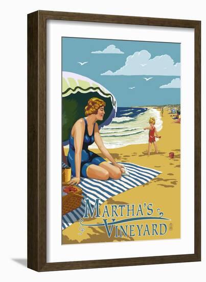 Martha's Vineyard - Woman on Beach-Lantern Press-Framed Art Print