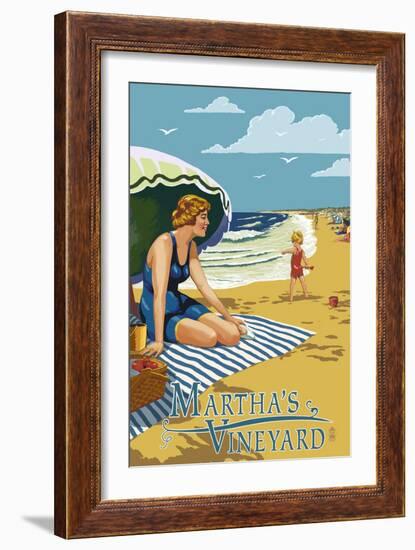 Martha's Vineyard - Woman on Beach-Lantern Press-Framed Art Print