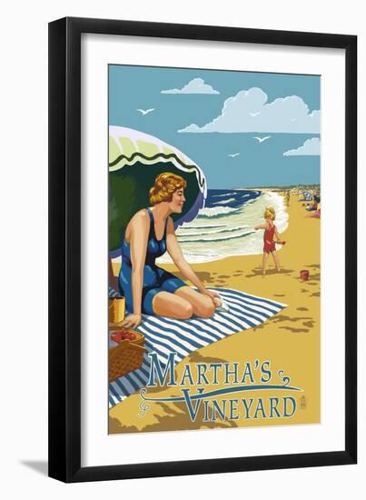 Martha's Vineyard - Woman on Beach-Lantern Press-Framed Art Print