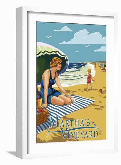 Martha's Vineyard - Woman on Beach-Lantern Press-Framed Art Print