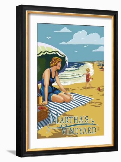 Martha's Vineyard - Woman on Beach-Lantern Press-Framed Art Print