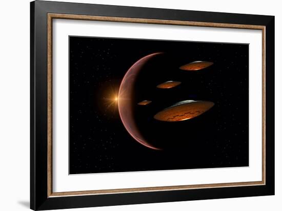 Martians Evacuating their Homeworld, Mars, in Flying Saucers-null-Framed Premium Giclee Print