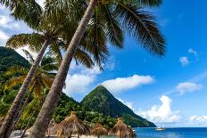 Gros Piton, with palm trees and thatched sun umbrellas, Sugar Beach, St. Lucia, Windward Islands, W-Martin Child-Photographic Print