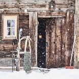 old farm door, ski, slide, snow shovel, snowfall,-Martin Ley-Framed Photographic Print