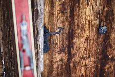 old farm door, ski, slide, snow shovel, snowfall,-Martin Ley-Photographic Print