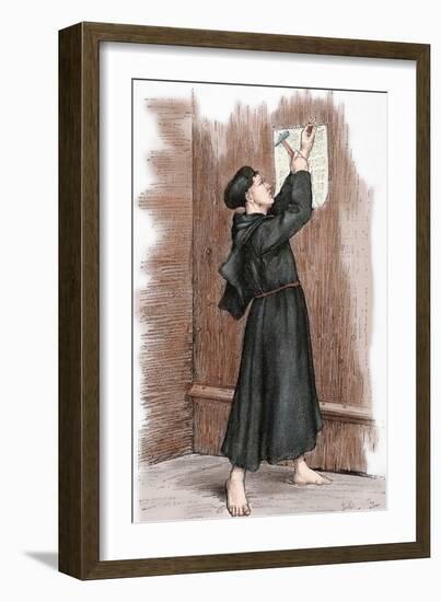 Martin Luther (1483-1546) Hanging His 95 Theses in Wittenberg, 1517-null-Framed Giclee Print