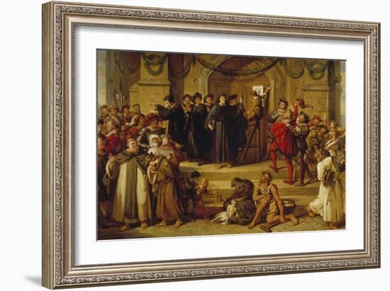 Martin Luther Ninety-Five Theses Being Nailed to the Door of Wittenberg Church-Julius Hübner-Framed Giclee Print