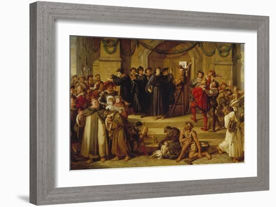 Martin Luther Ninety-Five Theses Being Nailed to the Door of Wittenberg Church-Julius Hübner-Framed Giclee Print