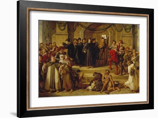 Martin Luther Ninety-Five Theses Being Nailed to the Door of Wittenberg Church-Julius Hübner-Framed Giclee Print