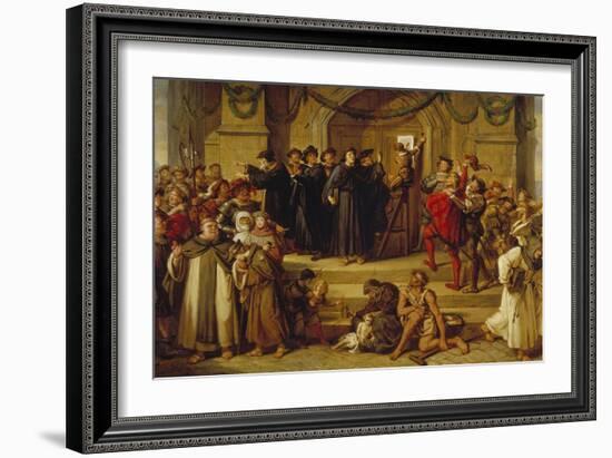 Martin Luther Ninety-Five Theses Being Nailed to the Door of Wittenberg Church-Julius Hübner-Framed Giclee Print