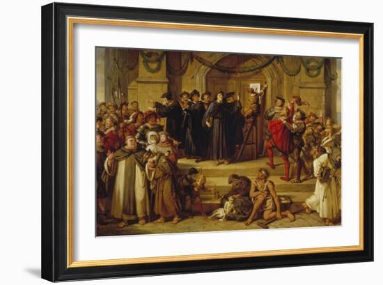 Martin Luther Ninety-Five Theses Being Nailed to the Door of Wittenberg Church-Julius Hübner-Framed Giclee Print