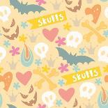 Cute Cartoon Seamless Pattern with Funny Skulls, Letters, Hearts, Flowers and Crowns in Gentle Colo-MarushaBelle-Art Print