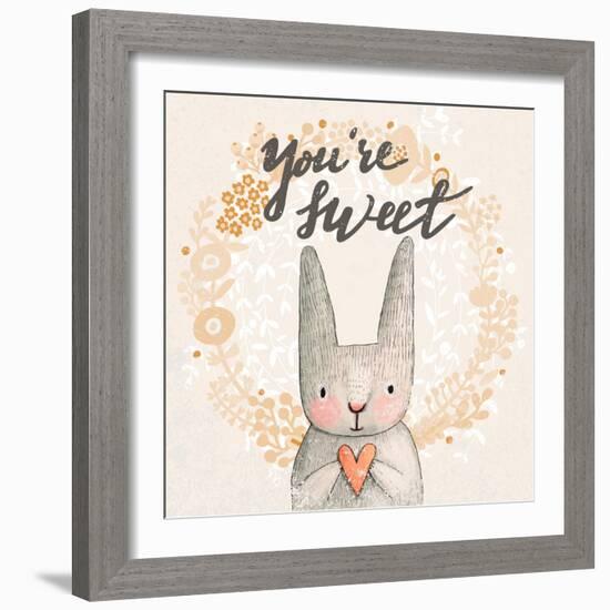 Marvelous Card with Sweet Rabbit Holding Heart. Awesome Background Made in Watercolor Technique. Pa-smilewithjul-Framed Art Print