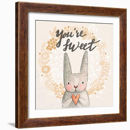 Marvelous Card with Sweet Rabbit Holding Heart. Awesome Background Made in Watercolor Technique. Pa-smilewithjul-Framed Art Print