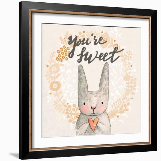 Marvelous Card with Sweet Rabbit Holding Heart. Awesome Background Made in Watercolor Technique. Pa-smilewithjul-Framed Art Print