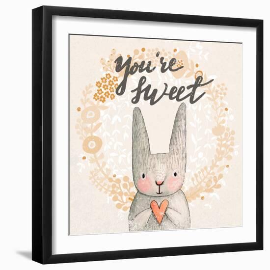 Marvelous Card with Sweet Rabbit Holding Heart. Awesome Background Made in Watercolor Technique. Pa-smilewithjul-Framed Art Print