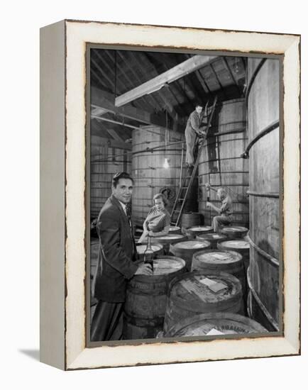 Marvin Sands and His Wife Operating their Own Laboratory for Wine Making-null-Framed Premier Image Canvas