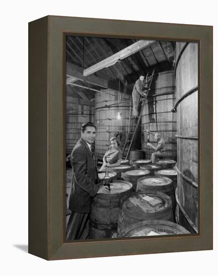 Marvin Sands and His Wife Operating their Own Laboratory for Wine Making-null-Framed Premier Image Canvas