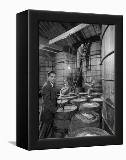 Marvin Sands and His Wife Operating their Own Laboratory for Wine Making-null-Framed Premier Image Canvas