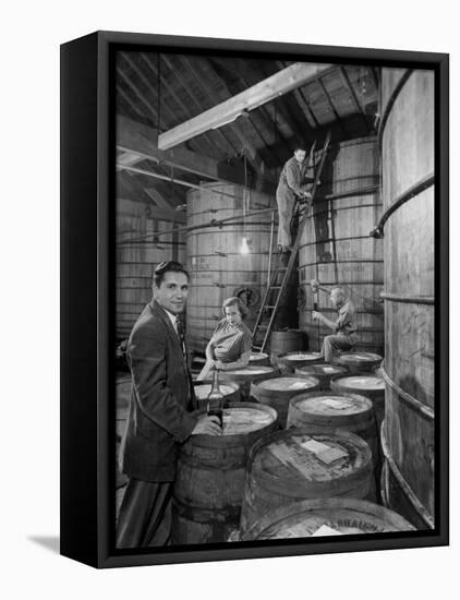 Marvin Sands and His Wife Operating their Own Laboratory for Wine Making-null-Framed Premier Image Canvas