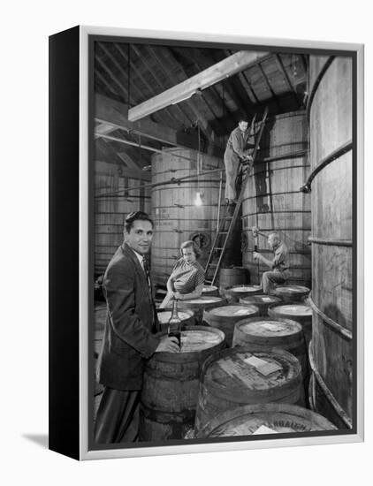 Marvin Sands and His Wife Operating their Own Laboratory for Wine Making-null-Framed Premier Image Canvas