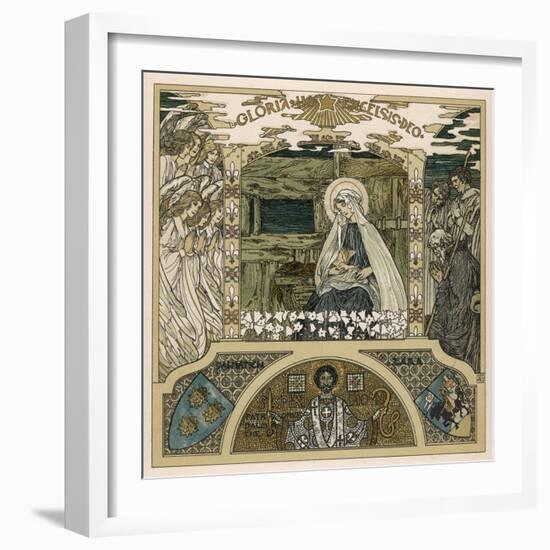 Mary and Jesus Watched by Angels on One Side Shepherds on the Other-Heinrich Lefler-Framed Photographic Print