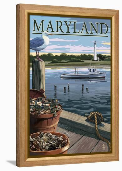 Maryland - Blue Crab and Oysters on Dock-Lantern Press-Framed Stretched Canvas