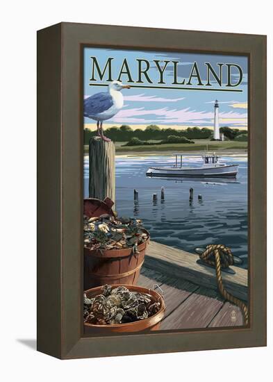 Maryland - Blue Crab and Oysters on Dock-Lantern Press-Framed Stretched Canvas