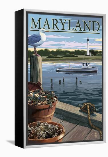 Maryland - Blue Crab and Oysters on Dock-Lantern Press-Framed Stretched Canvas