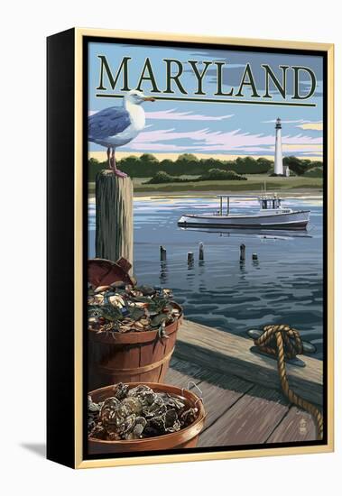 Maryland - Blue Crab and Oysters on Dock-Lantern Press-Framed Stretched Canvas