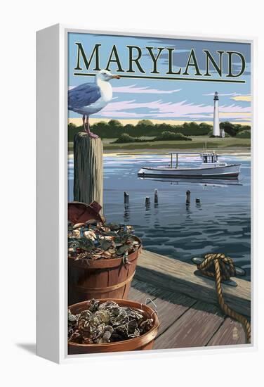 Maryland - Blue Crab and Oysters on Dock-Lantern Press-Framed Stretched Canvas