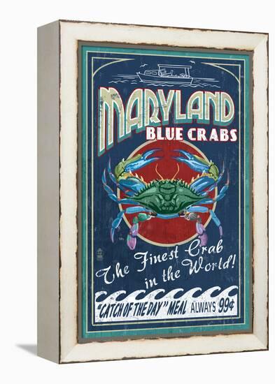 Maryland - Blue Crabs Vintage Sign-Lantern Press-Framed Stretched Canvas