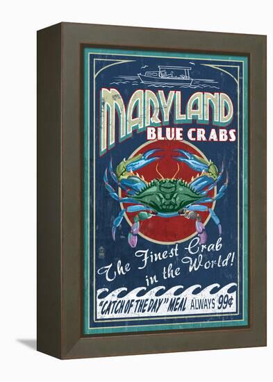 Maryland - Blue Crabs Vintage Sign-Lantern Press-Framed Stretched Canvas