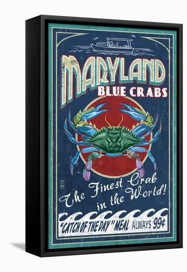 Maryland - Blue Crabs Vintage Sign-Lantern Press-Framed Stretched Canvas