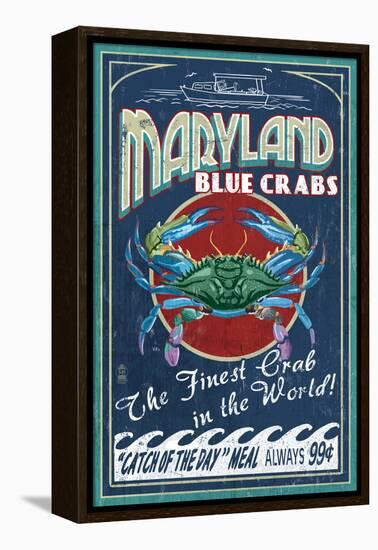 Maryland - Blue Crabs Vintage Sign-Lantern Press-Framed Stretched Canvas