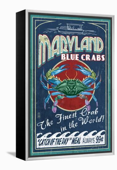 Maryland - Blue Crabs Vintage Sign-Lantern Press-Framed Stretched Canvas