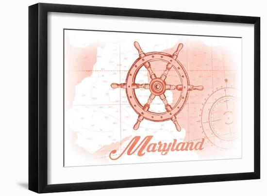 Maryland - Ship Wheel - Coral - Coastal Icon-Lantern Press-Framed Art Print
