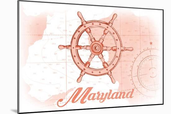 Maryland - Ship Wheel - Coral - Coastal Icon-Lantern Press-Mounted Art Print