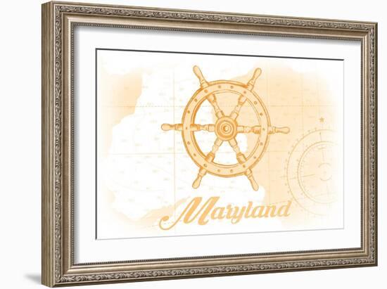 Maryland - Ship Wheel - Yellow - Coastal Icon-Lantern Press-Framed Art Print