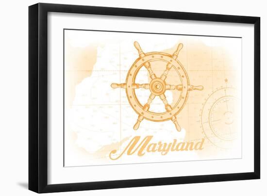 Maryland - Ship Wheel - Yellow - Coastal Icon-Lantern Press-Framed Art Print