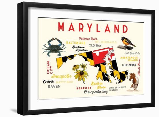 Maryland - Typography and Icons with Black Eyed Susans-Lantern Press-Framed Art Print