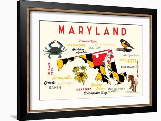 Maryland - Typography and Icons with Black Eyed Susans-Lantern Press-Framed Art Print