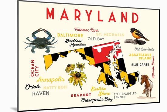 Maryland - Typography and Icons with Black Eyed Susans-Lantern Press-Mounted Art Print