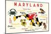 Maryland - Typography and Icons with Black Eyed Susans-Lantern Press-Mounted Art Print