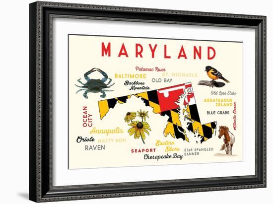 Maryland - Typography and Icons with Black Eyed Susans-Lantern Press-Framed Art Print