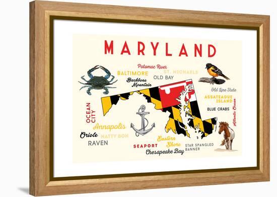 Maryland - Typography and Icons-Lantern Press-Framed Stretched Canvas