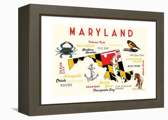 Maryland - Typography and Icons-Lantern Press-Framed Stretched Canvas