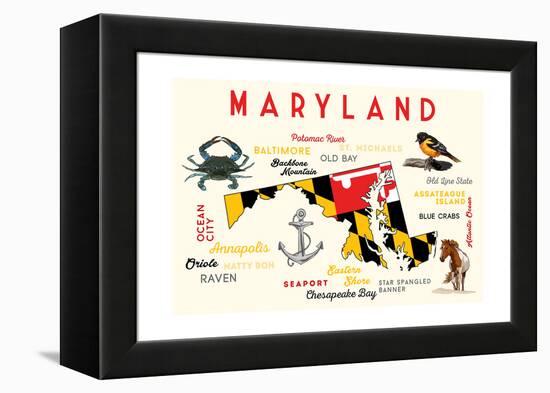 Maryland - Typography and Icons-Lantern Press-Framed Stretched Canvas