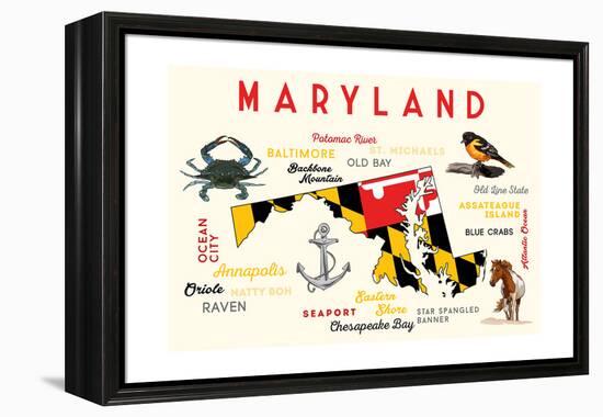 Maryland - Typography and Icons-Lantern Press-Framed Stretched Canvas