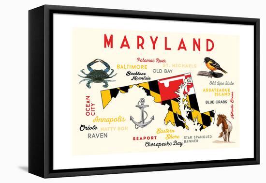 Maryland - Typography and Icons-Lantern Press-Framed Stretched Canvas